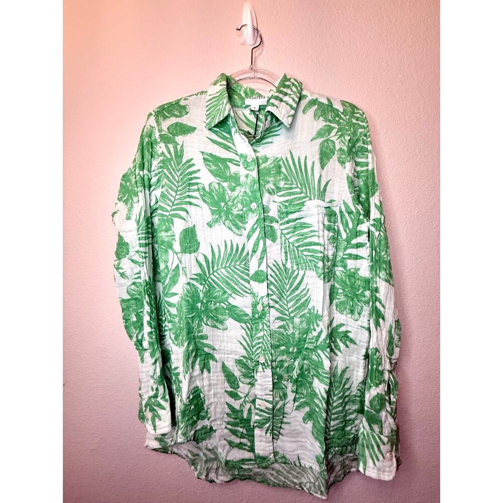 NWT Felicite Palm Print Long Sleeve Boyfriend Shirt Green Womens 3 Boho Office - Picture 2 of 4